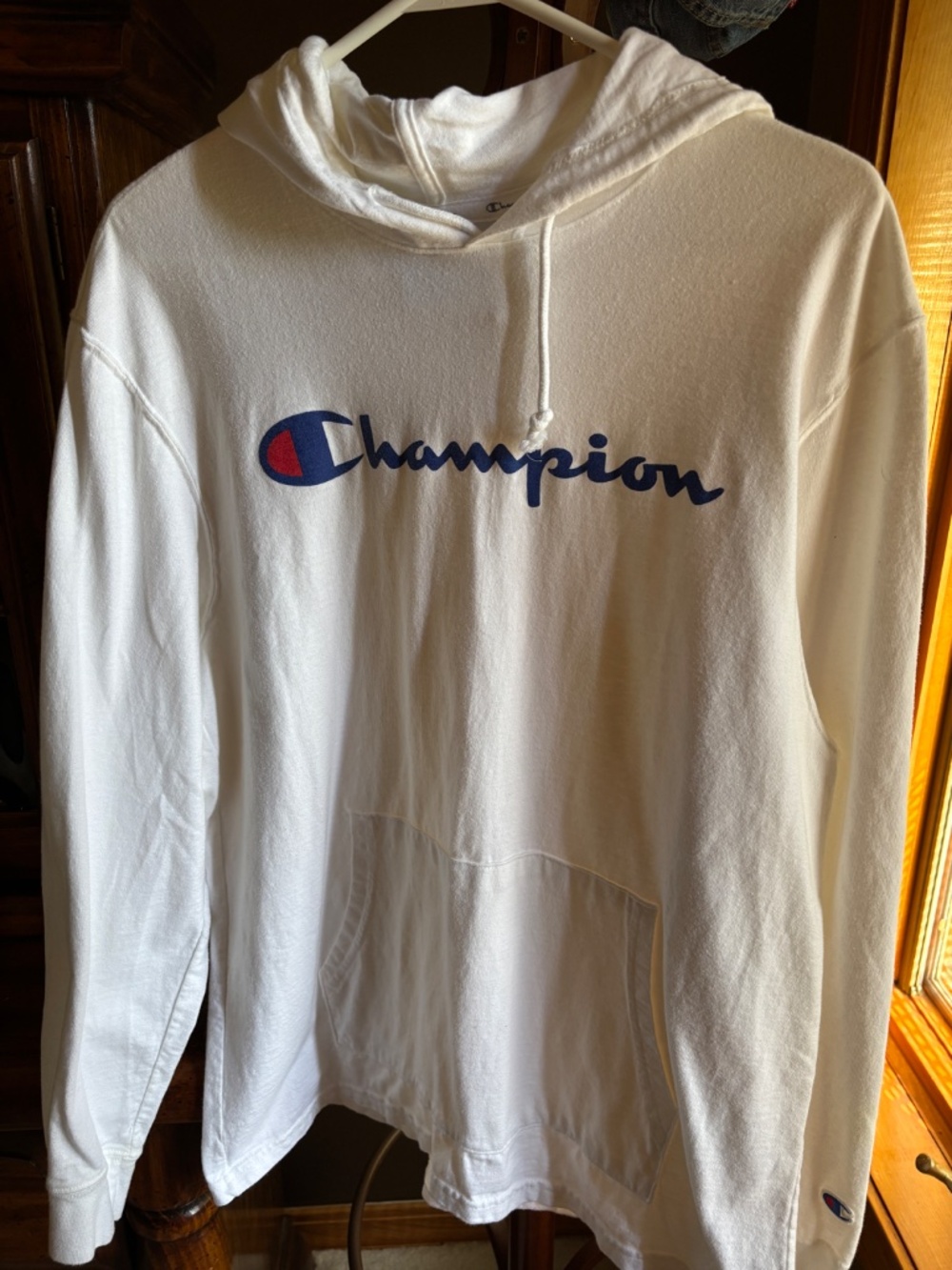 Champion Hoodie Mens Large‎ White Pullover Sweatshirt Lightweight Street Classic